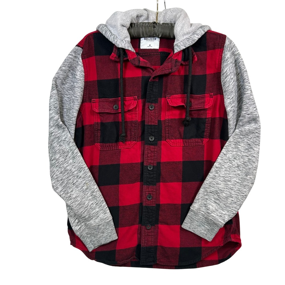 Hollister Hooded Flannel Mens M Buffalo Plaid Red Black Hoodie Shacket Shirt